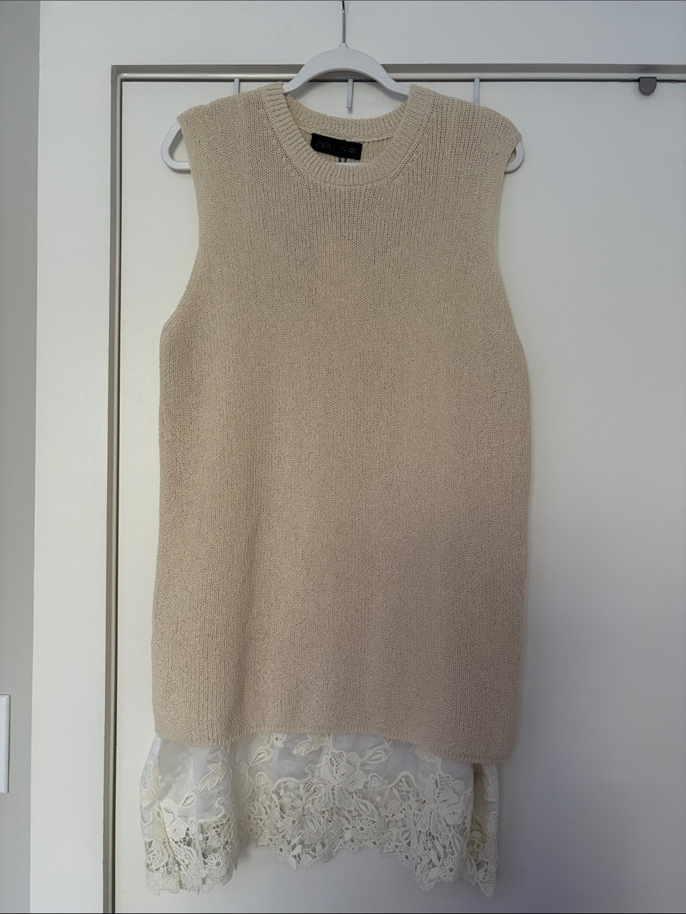 Zara Sleeveless Crew Tunic Sweater with Lace Hem - Cream